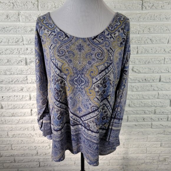 ONE WORLD Tops - Live Let Live Women Top Extra Large XL 3/4 Sleeve Studded Blue GEO255XE